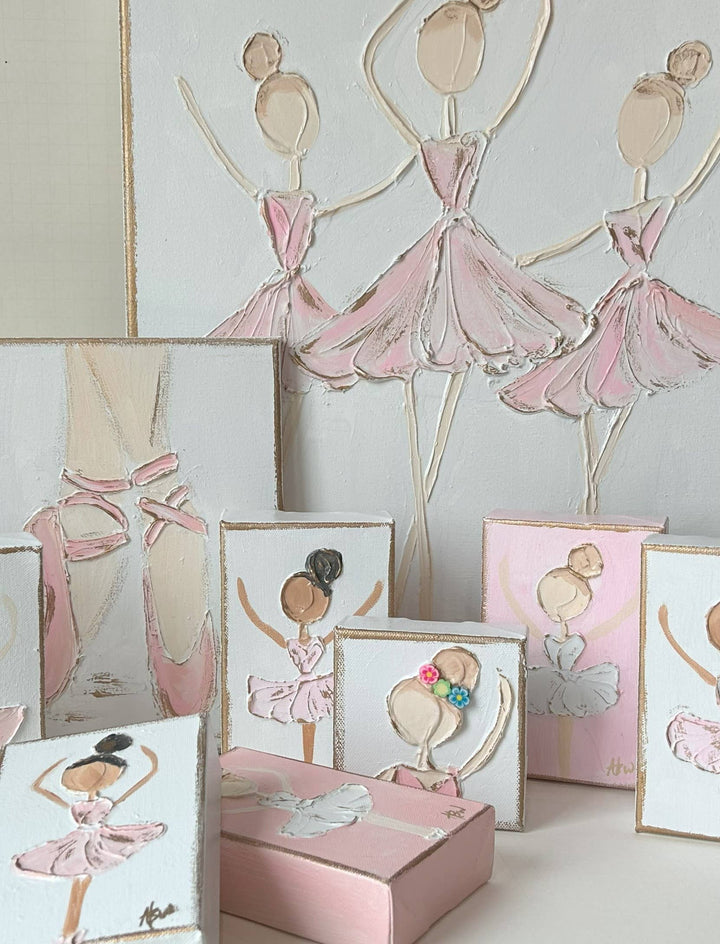 Coddiwomple - Ballerina canvas hand painted textured recital dance ballet: Pink back & white dress / 8x10 standard profile canvas / Light skin & lt. brown hair