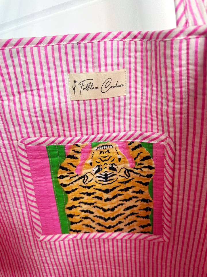 Folklore Couture - Quilted Tote Bag | Tiger Print Bag | Large Shopping Tote Bag