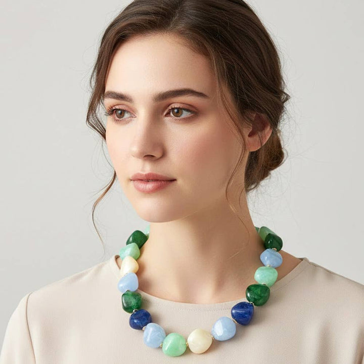 Sensibling Corp. - Chunky Marbled Resin Pebble Beaded Statement Necklace: Pink