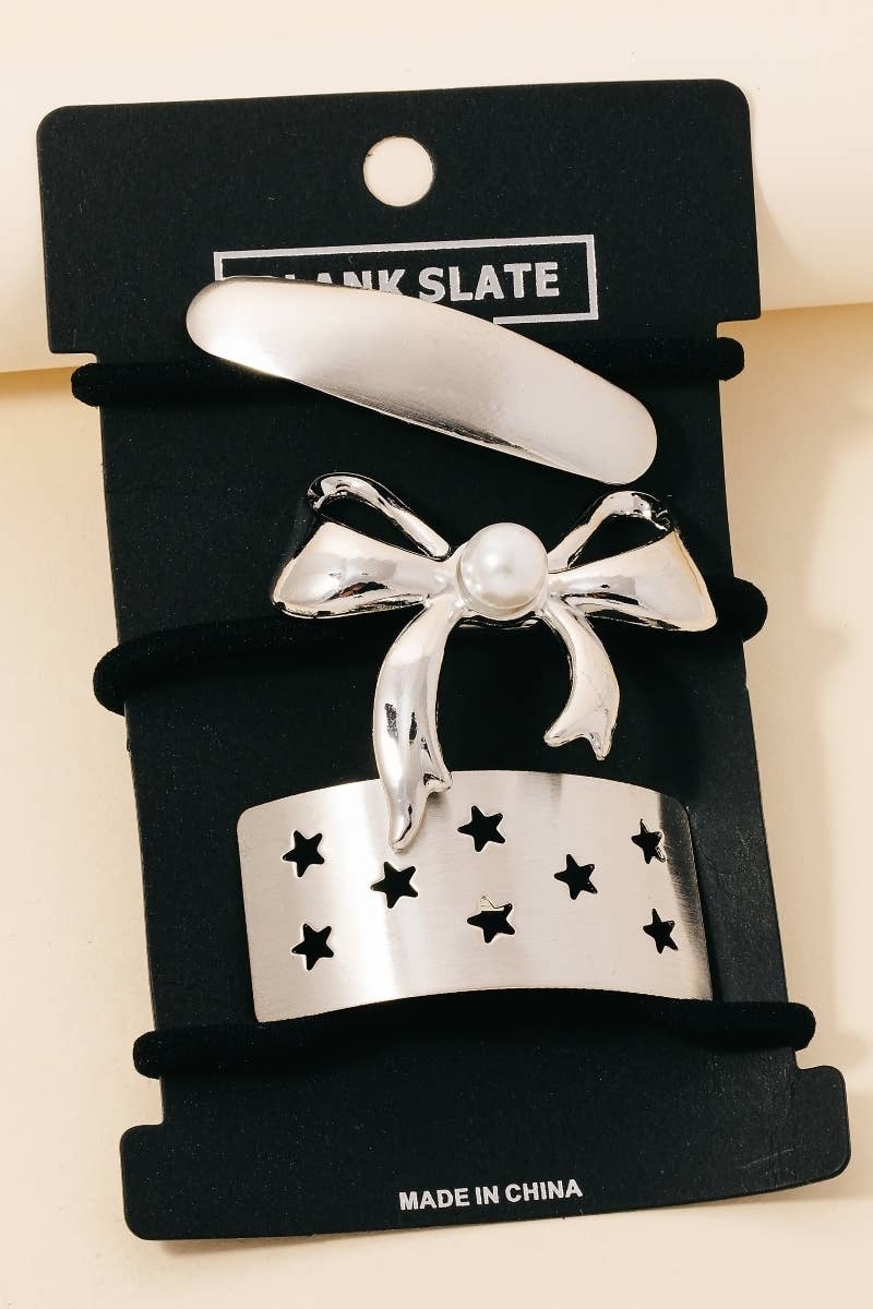 Anarchy Street - Pearl Stud Ribbon Bar And Stars Hair Tie Set: G