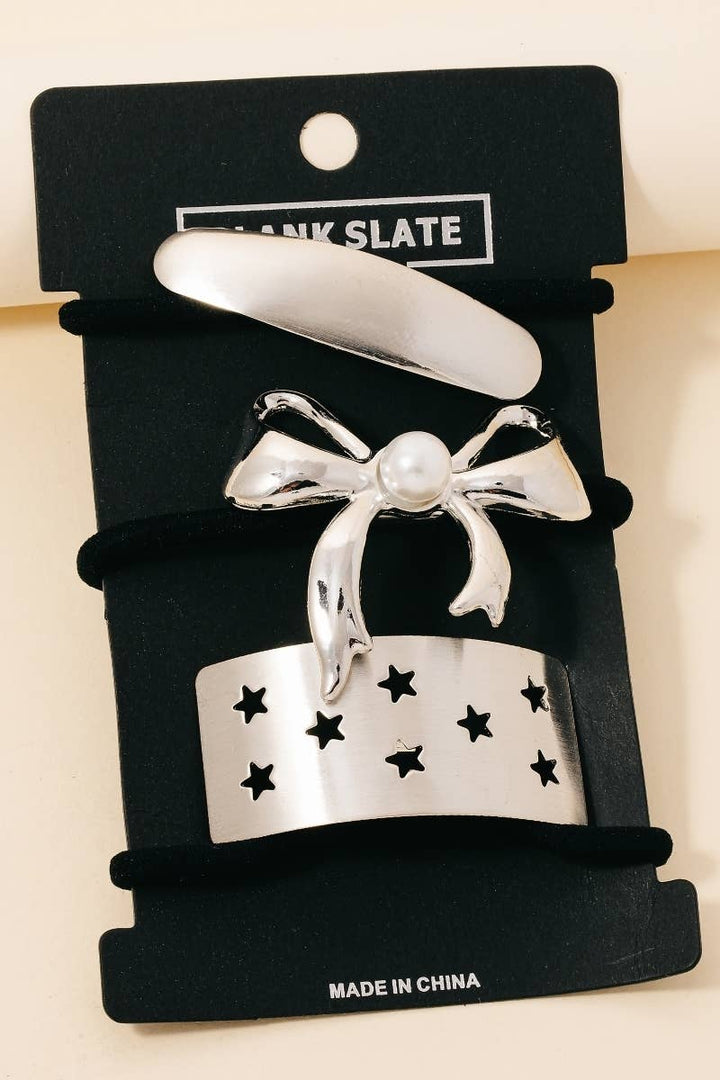 Anarchy Street - Pearl Stud Ribbon Bar And Stars Hair Tie Set: G