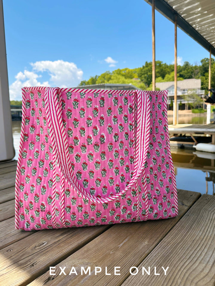 Folklore Couture - Quilted Tote Bag | Coral Floral Tote | Large Shopping Bag