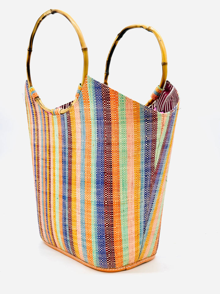 Shebobo - Carmen Solid & Stripes Straw Bucket Bag with Bamboo Handles: Natural