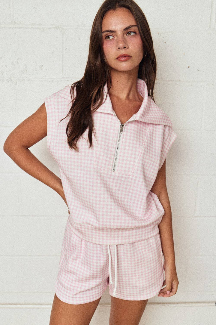 Papermoon - PX17846-3 - Gingham Zip Up Top Short Set: PINK / S-M-L (3-2-1)