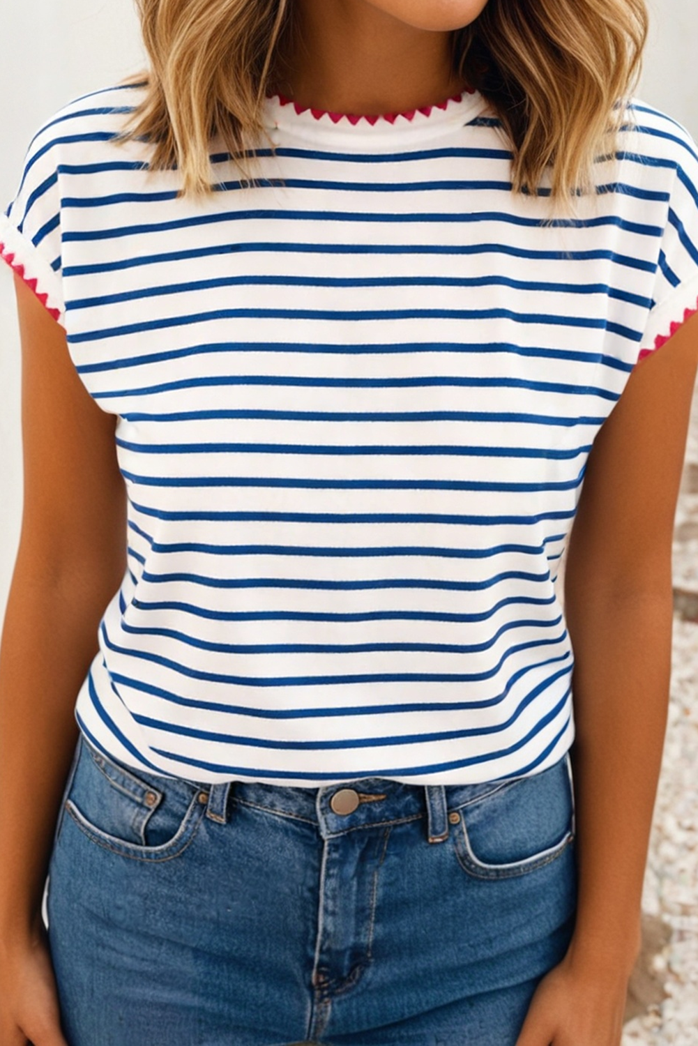 Stripe Contrast Trim Round Neck Cap Sleeve Tee: Blue Stripe / XL