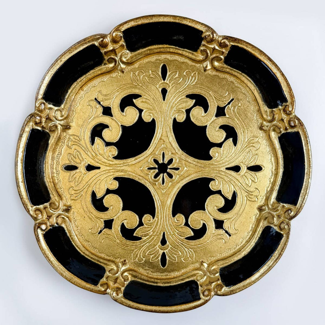 Florentine Carved Wood Round Deep Tray, Made in Italy: Black