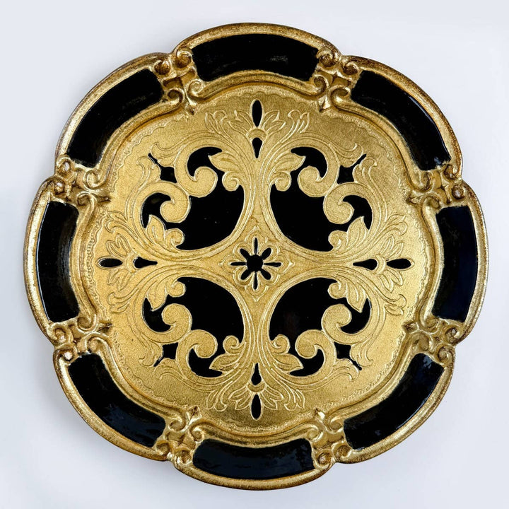 Florentine Carved Wood Round Deep Tray, Made in Italy: Black