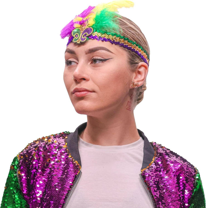 The Mardi Gras Krewe - Mardi Gras Sequin Headband with Feathers, Mardi Gras Accessories, Green Purple and Yellow Feather Headband with Fleur-de-lis
