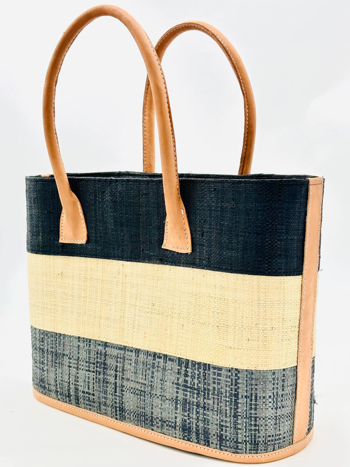 Shebobo - Santorini Color Block Straw Basket Bag Handbag: Medium / Tobacco & Black