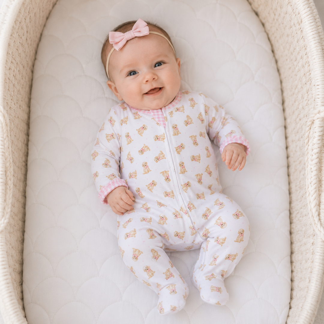 Magnolia Baby - Sweet Golden Print Ruffle Zip Footie - Pink: 6 Months