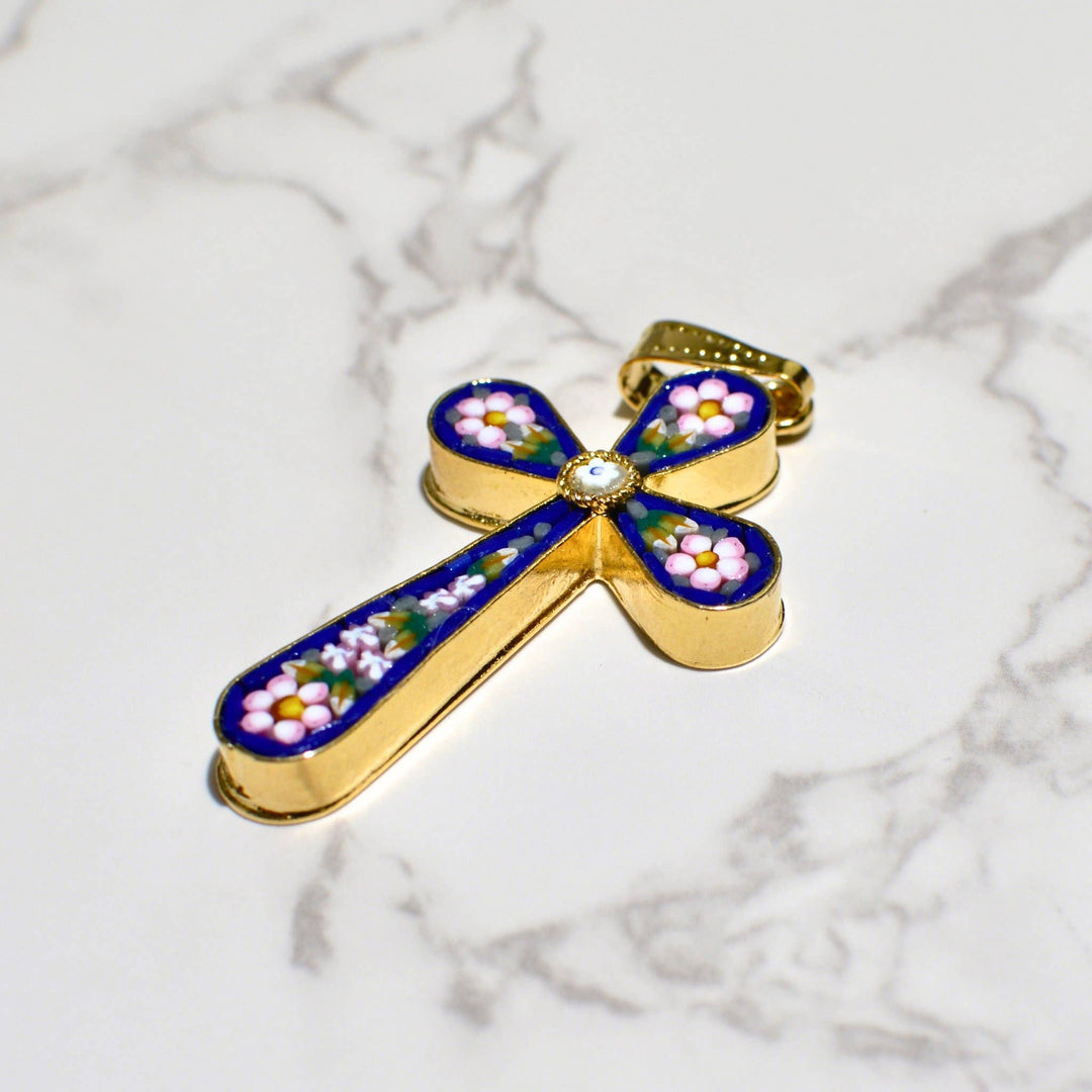 Via Graceffo - Florentine Glass Mosaic Floral Cross Pendant