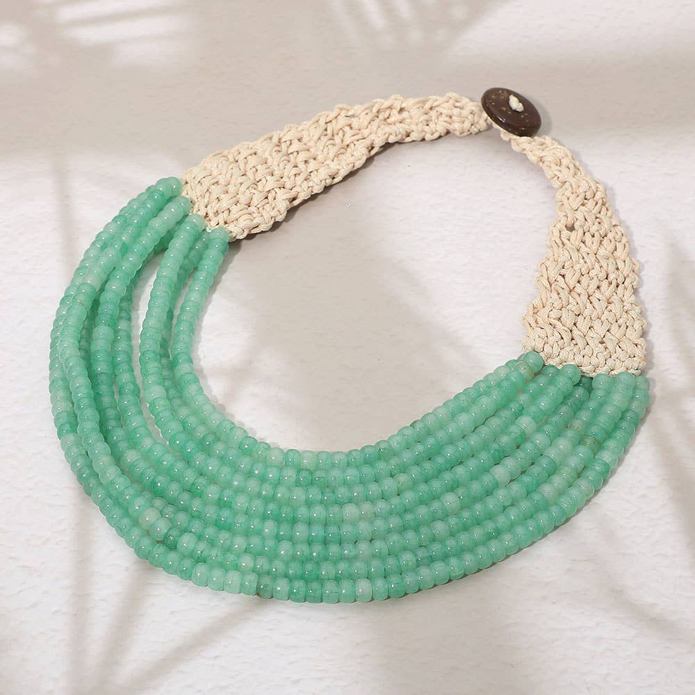Sensibling Corp. - Woven Detail Multi Strand Beaded Collar Statement Necklace: Light Blue