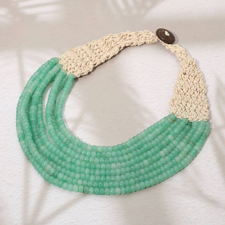 Sensibling Corp. - Woven Detail Multi Strand Beaded Collar Statement Necklace: Light Blue
