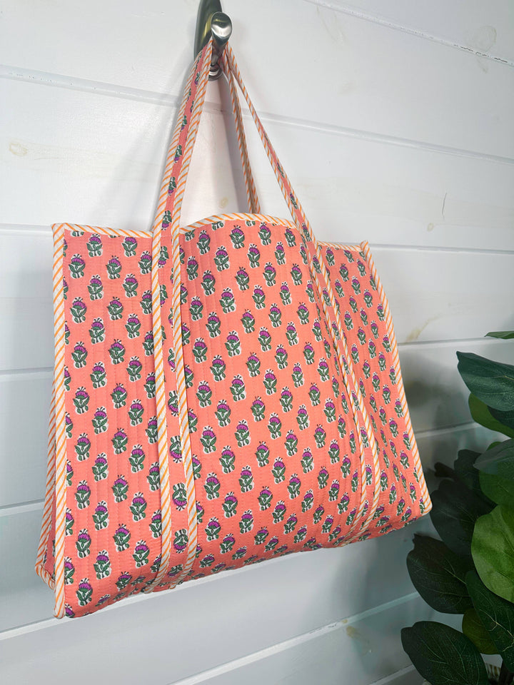 Folklore Couture - Quilted Tote Bag | Coral Floral Tote | Large Shopping Bag