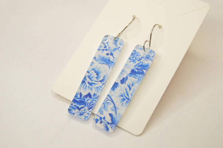 The Adorned Fox - Preppy Earrings, Blue + White Chinoiserie Earrings, Acrylic