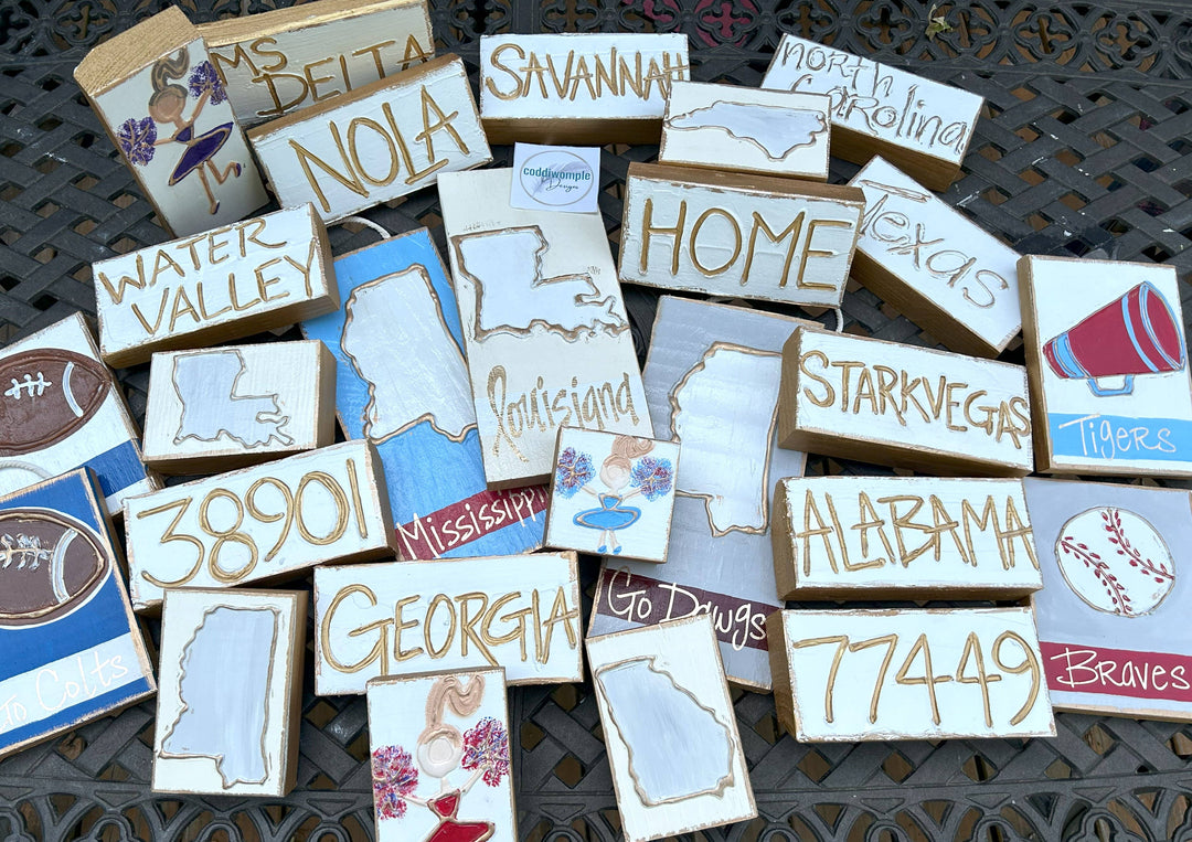 Coddiwomple - Cheer megaphone custom art - w/ school hometown city team: 5x7 Wood panel w/ rope