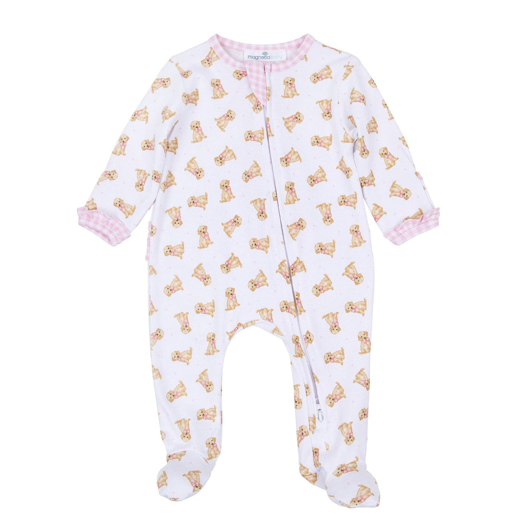 Magnolia Baby - Sweet Golden Print Ruffle Zip Footie - Pink: 6 Months