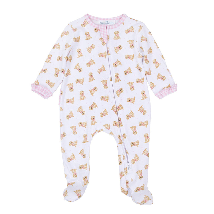 Magnolia Baby - Sweet Golden Print Ruffle Zip Footie - Pink: 6 Months