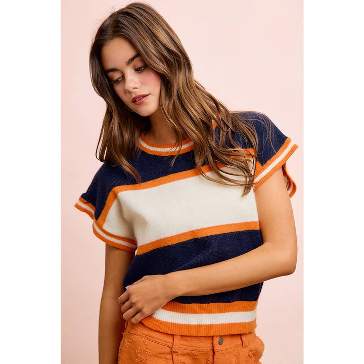 BiBi - GAMEDAY THEME COLORBLOCK REALXED FIT KNIT TOP: NAVY/ORANGE / XL