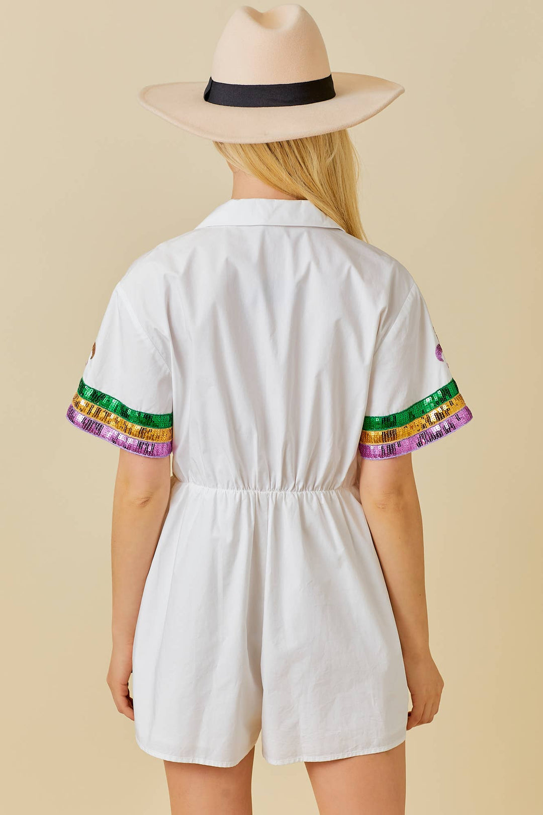 Main Strip - Mardi Gras Sequin Trim Solid Romper: WHITE / M