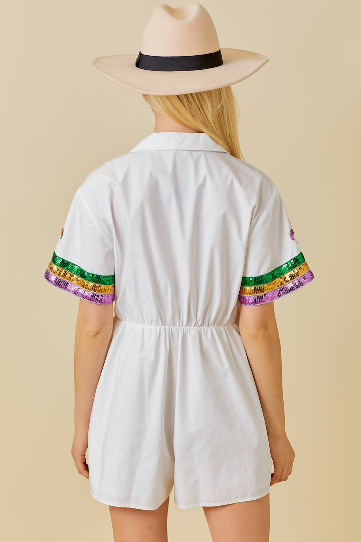 Main Strip - Mardi Gras Sequin Trim Solid Romper: WHITE / M