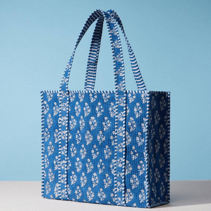 Frem - Blue Indian Quilted Tote Bag | Large Handmade Block Print Cotton Carryall: BL / ONE