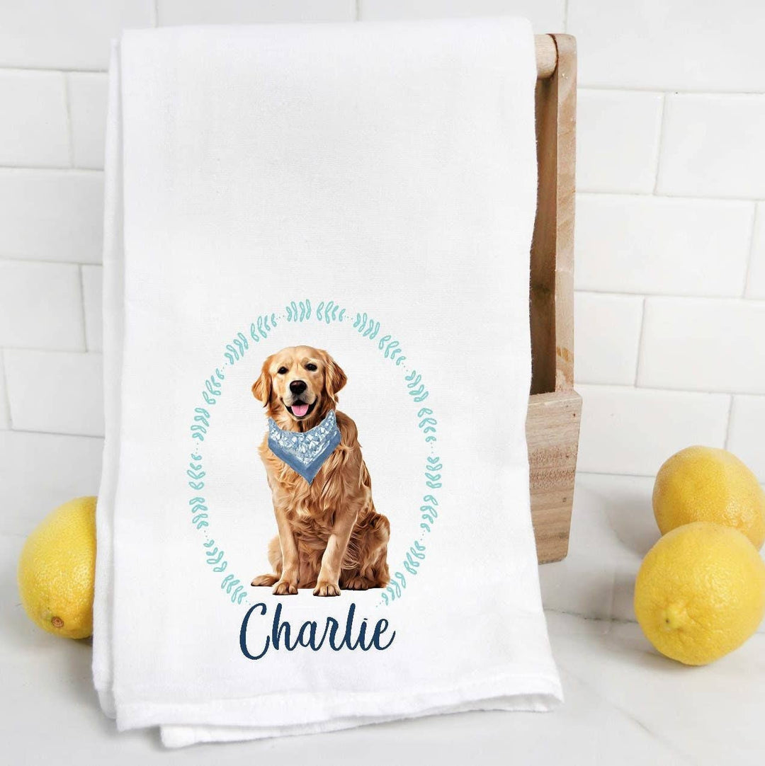 The Preppy Pineapple Home - Custom Golden Retriever 3 Flour Sack Towel, Tea Towel, Dog M: Pink Belle Bow Tie / Palm Chair