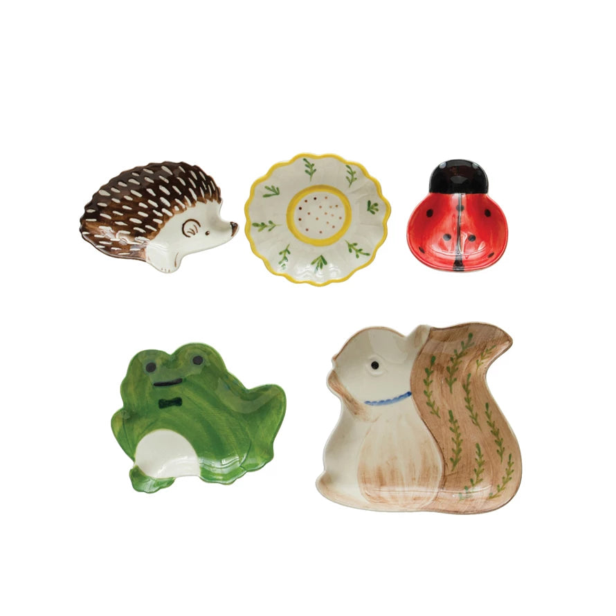 Hand-Painted Stoneware Woodland Animal/Bug/Flower Dishes, Multi Color
