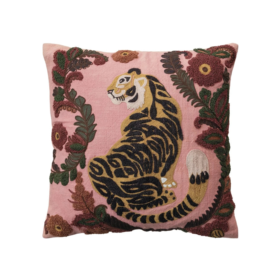 20" Square Cotton Slub Pillow w Embroidered Tiger & Flowers