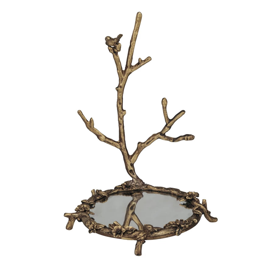 5" Rnd x 8-1/4"H Jewelry Holder w Mirror & Bird on Branch