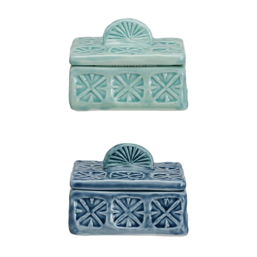Hand-Painted Debossed Stoneware Salt Cellar w/ Lid, 2 Colors ©