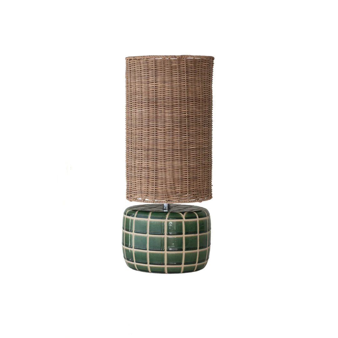 Ceramic Tiled Table Lamp with Hand-Woven Rattan Shade
