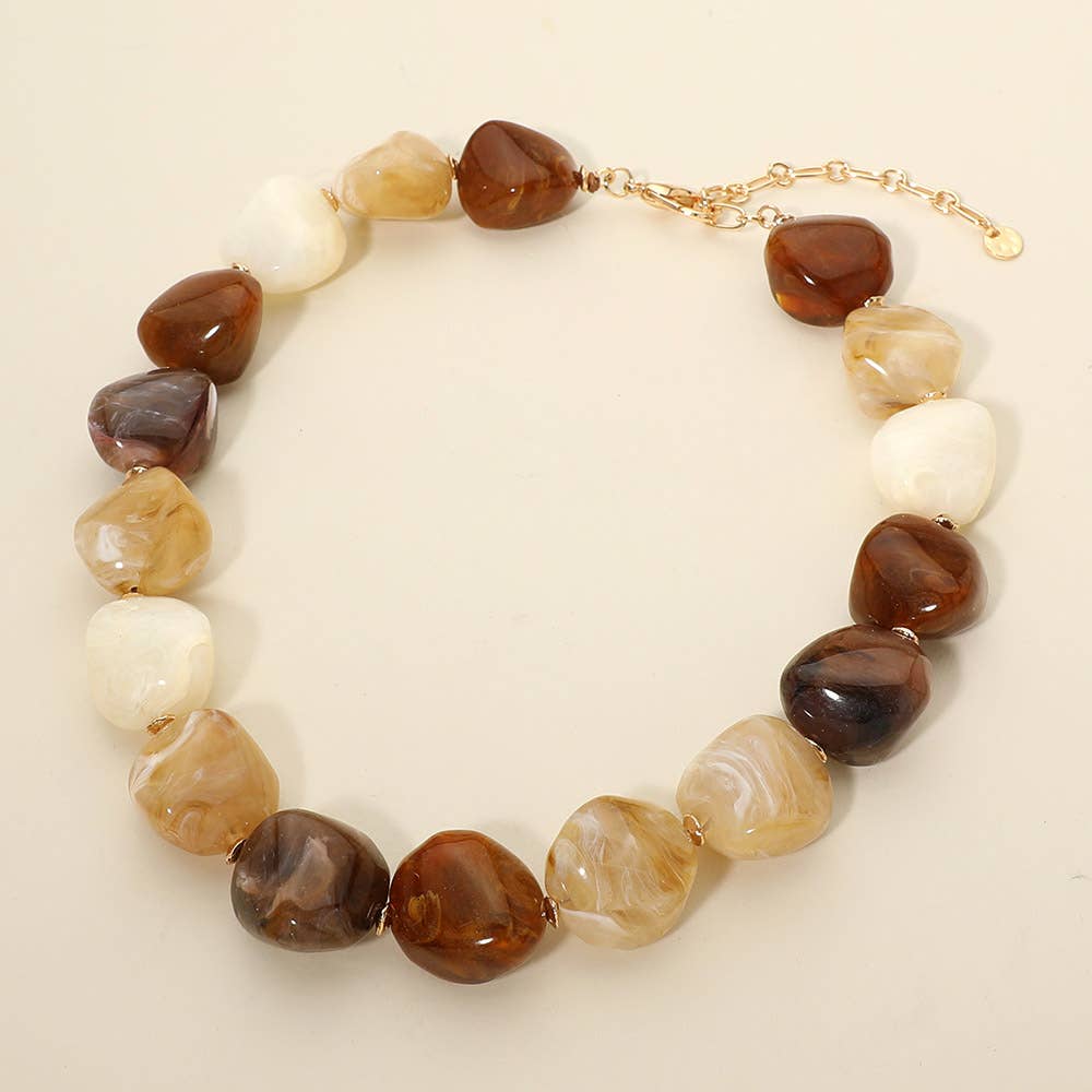 Sensibling Corp. - Chunky Marbled Resin Pebble Beaded Statement Necklace: Pink