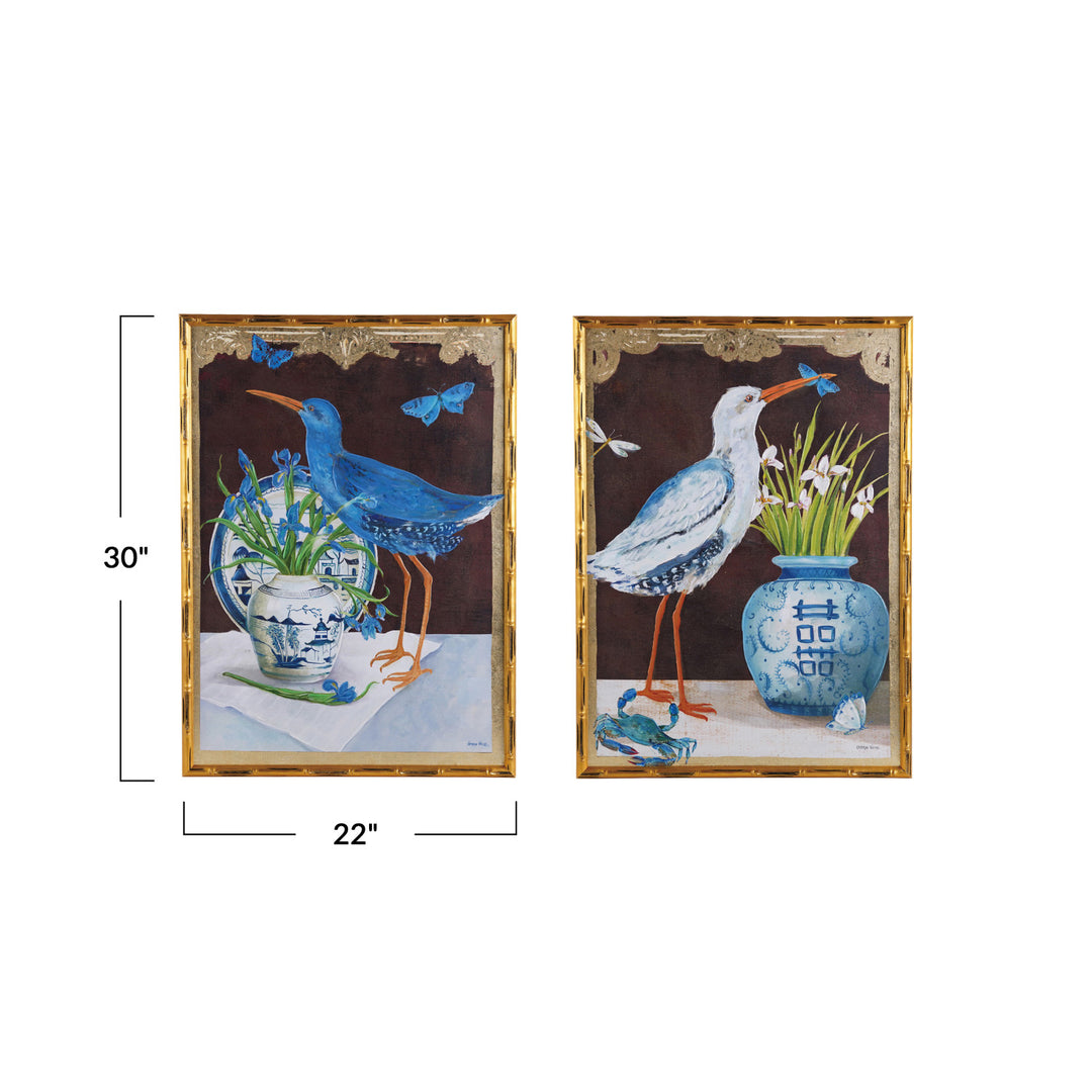 Wood Faux Bamboo Framed Canvas Wall Décor w/ Bird & Urn Image & Gold Foil, 2 Styles