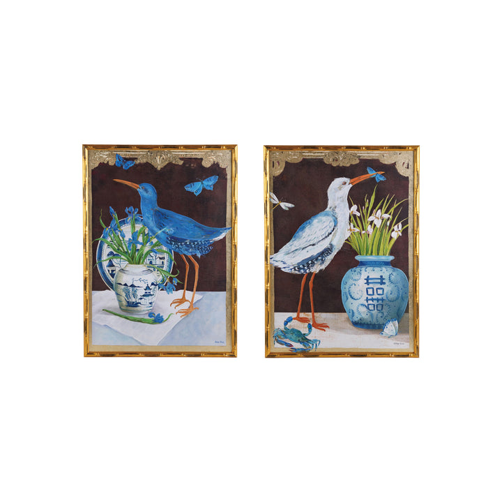 Wood Faux Bamboo Framed Canvas Wall Décor w/ Bird & Urn Image & Gold Foil, 2 Styles