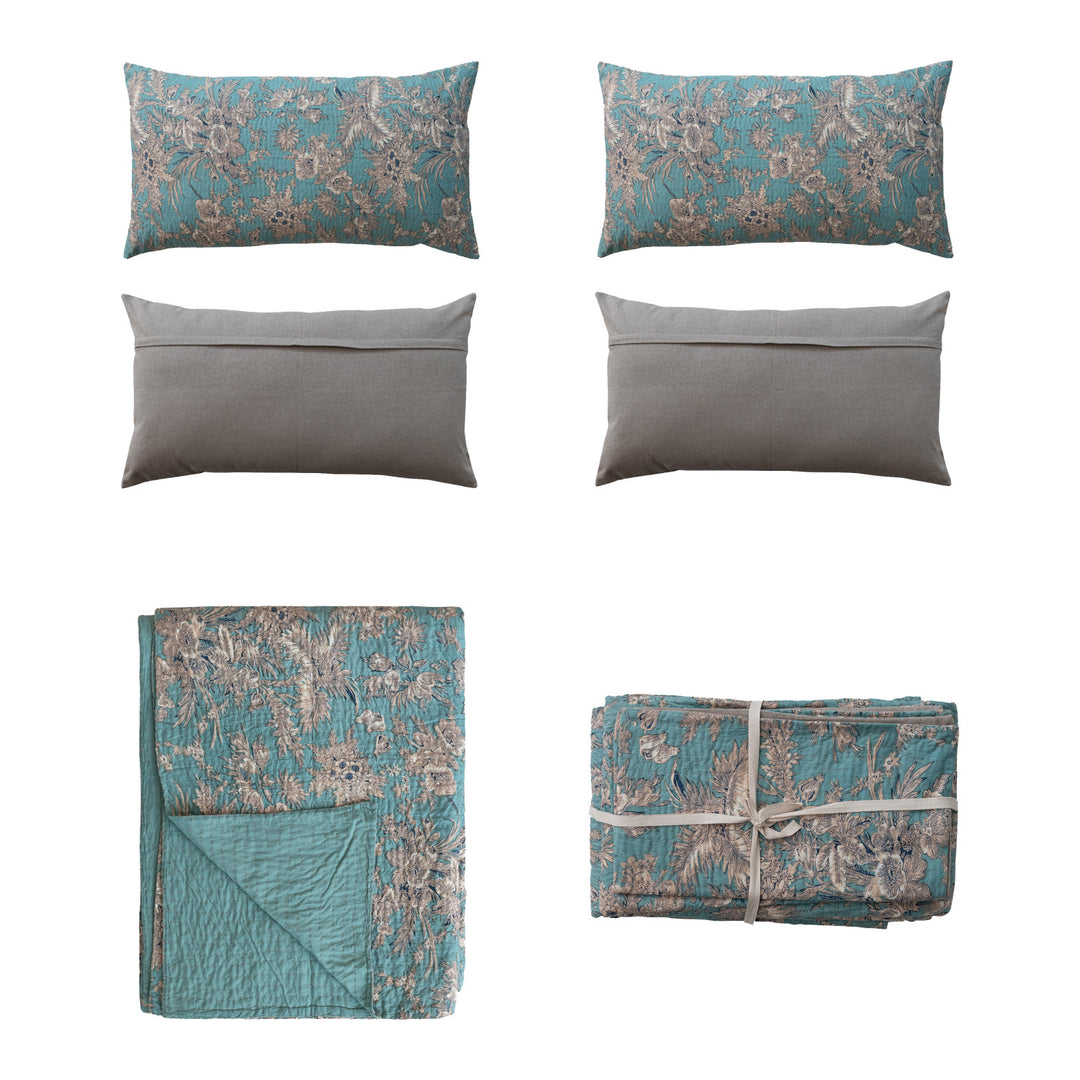 Bed Cover with Embroidered Kantha Stitch & 2 King Shams, King, Set of 3 Tied with Cotton Tape