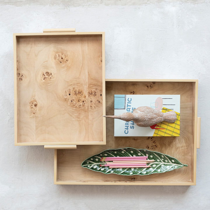 MDF & Burl Wood Veneer Trays with Handles, Natural