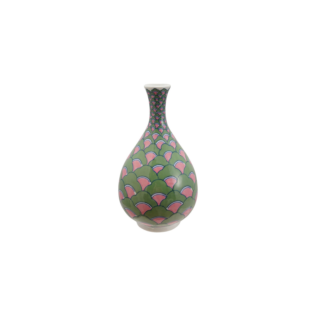 7" Round x 13"H Hand-Painted Stoneware Vase with Pattern, Green, Pink & Blue
