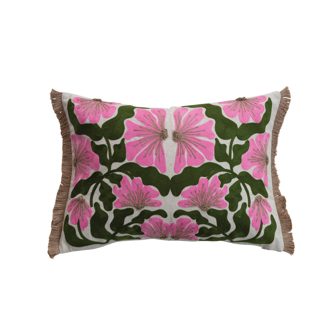 Cotton & Linen Lumbar Pillow with Embroidered Flowers & Jute Eyelash Fringe