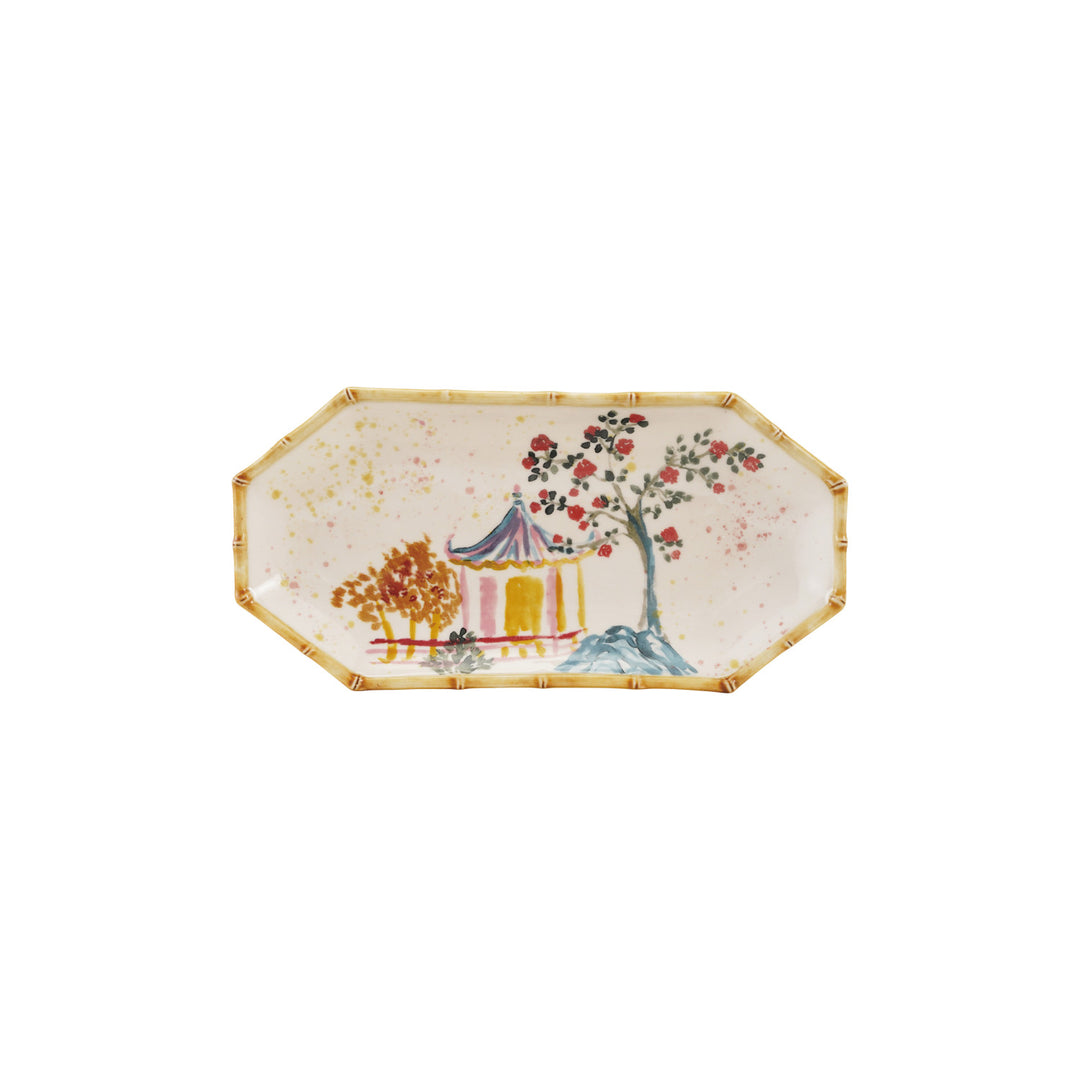 Stoneware Octagon  Plate with House, Tree & Bamboo Style Edge