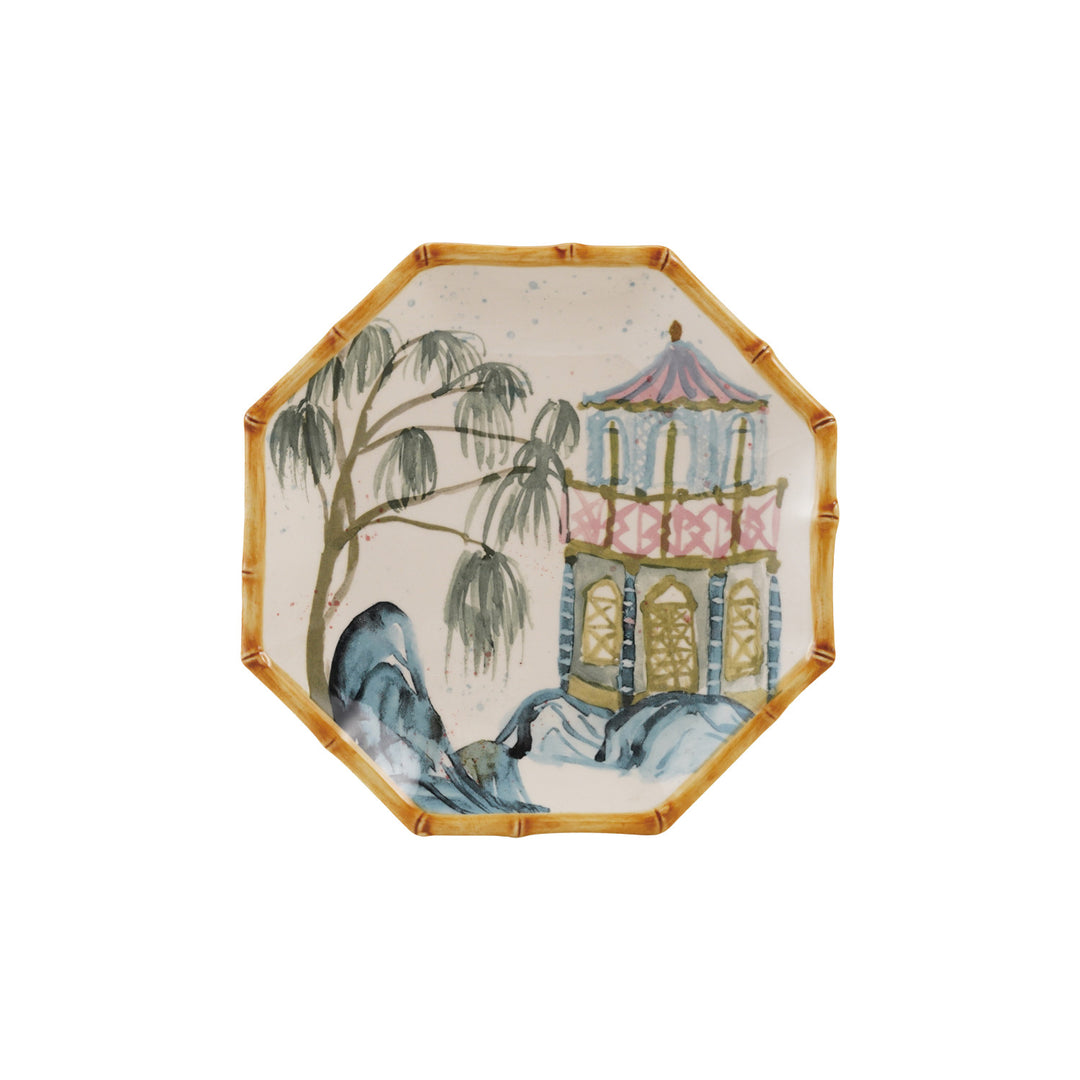 Stoneware Octagon Shaped Plate with House, Palm Tree & Bamboo Style Edge