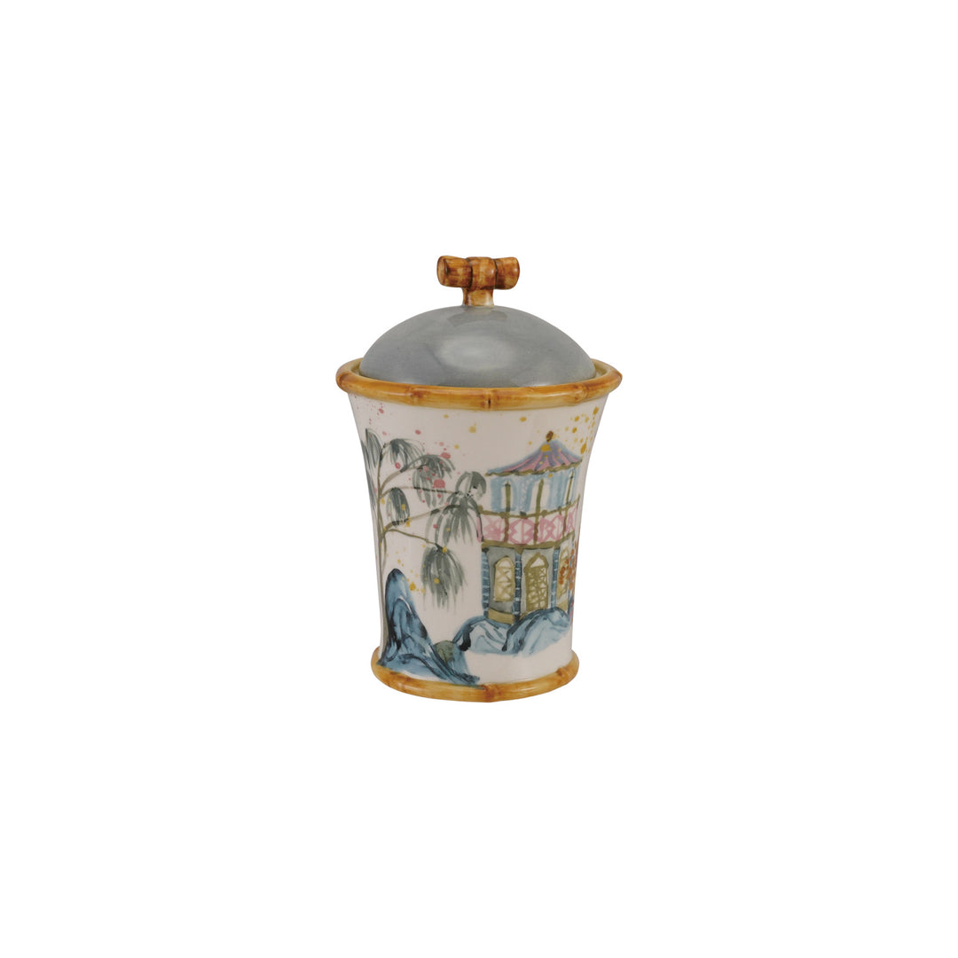 Stoneware Canister with House, Palm Tree & Bamboo Style Edges