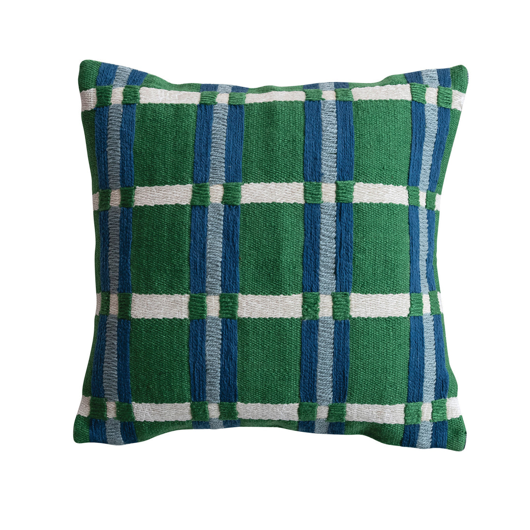 Square Woven Fabric Indoor/Outdoor Pillow with Embroidery & Plaid Pattern