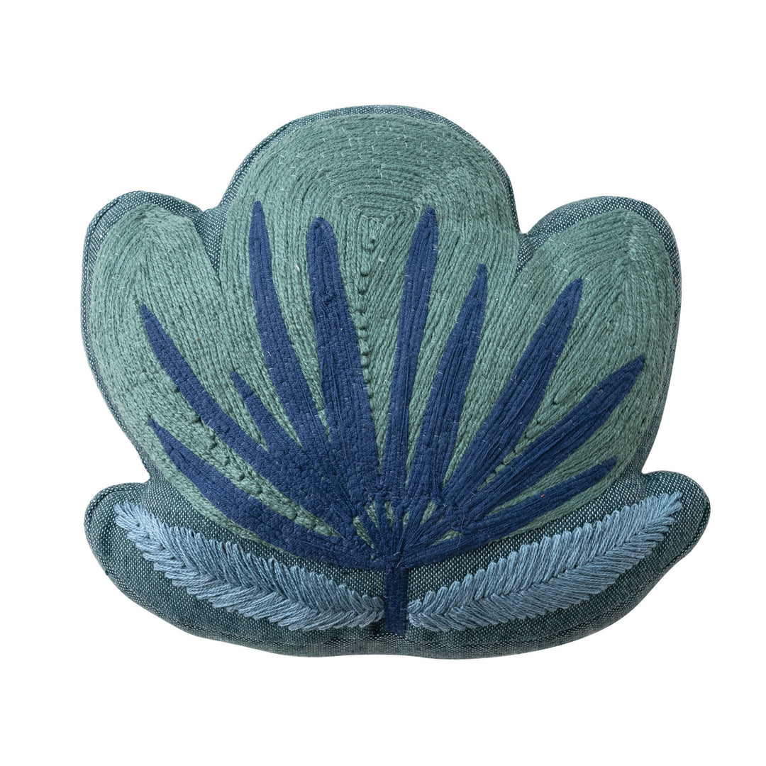 Woven Fabric Indoor/Outdoor Flower Shaped Pillow with Embroidery, Green & Blue