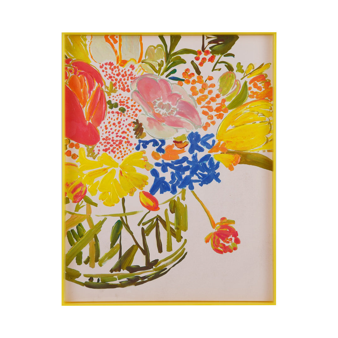 Yellow Acrylic Box Framed Canvas Wall Decor with Hand-Painted Flowers in Vase