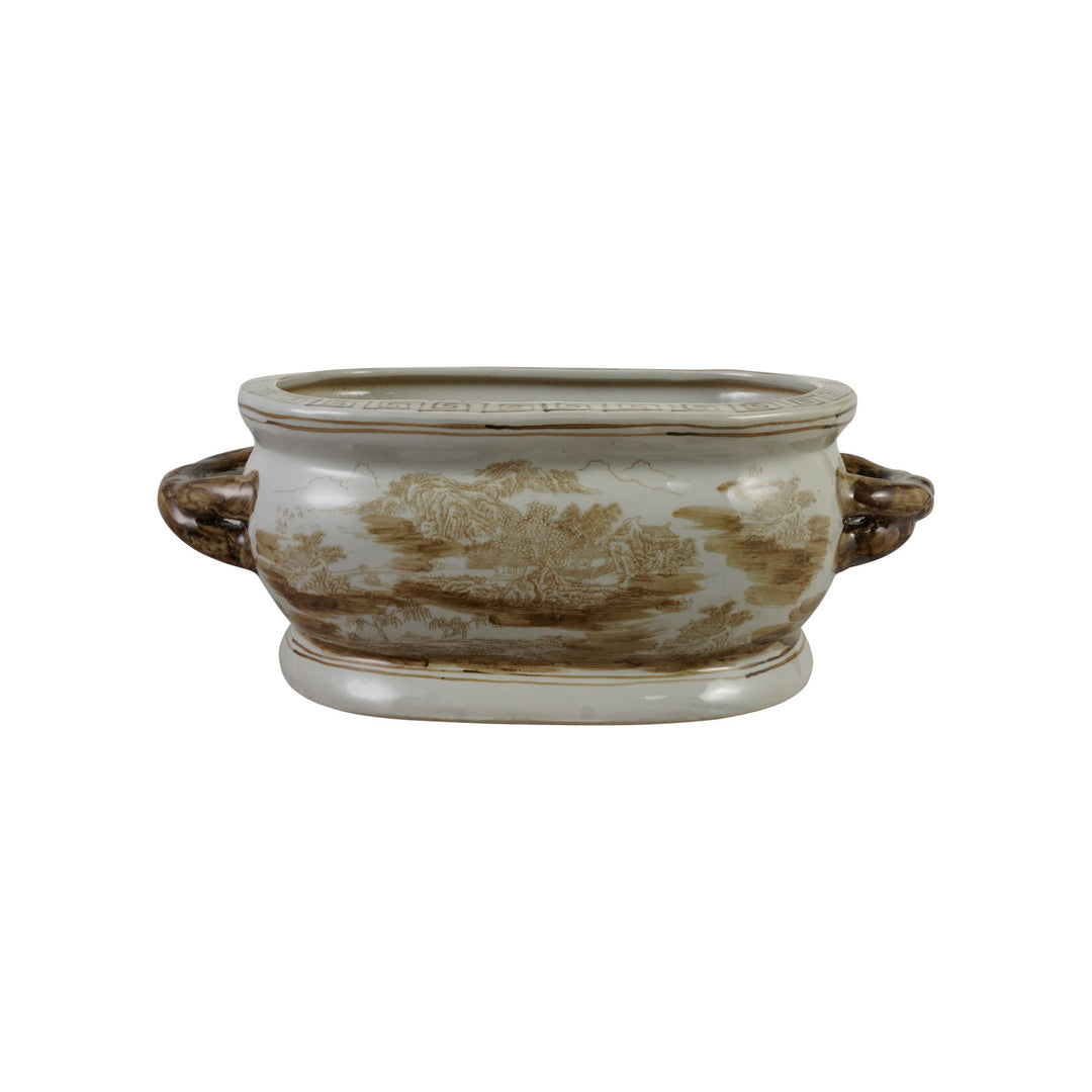 Hand-Painted Stoneware Vintage Reproduction Planter with Landscape