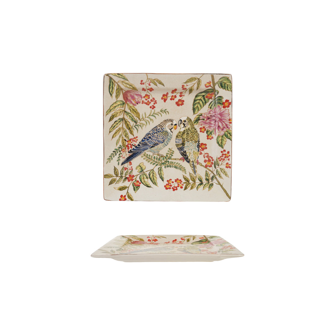 Decorative Stoneware Dish with Parakeets (Each Will Vary)
