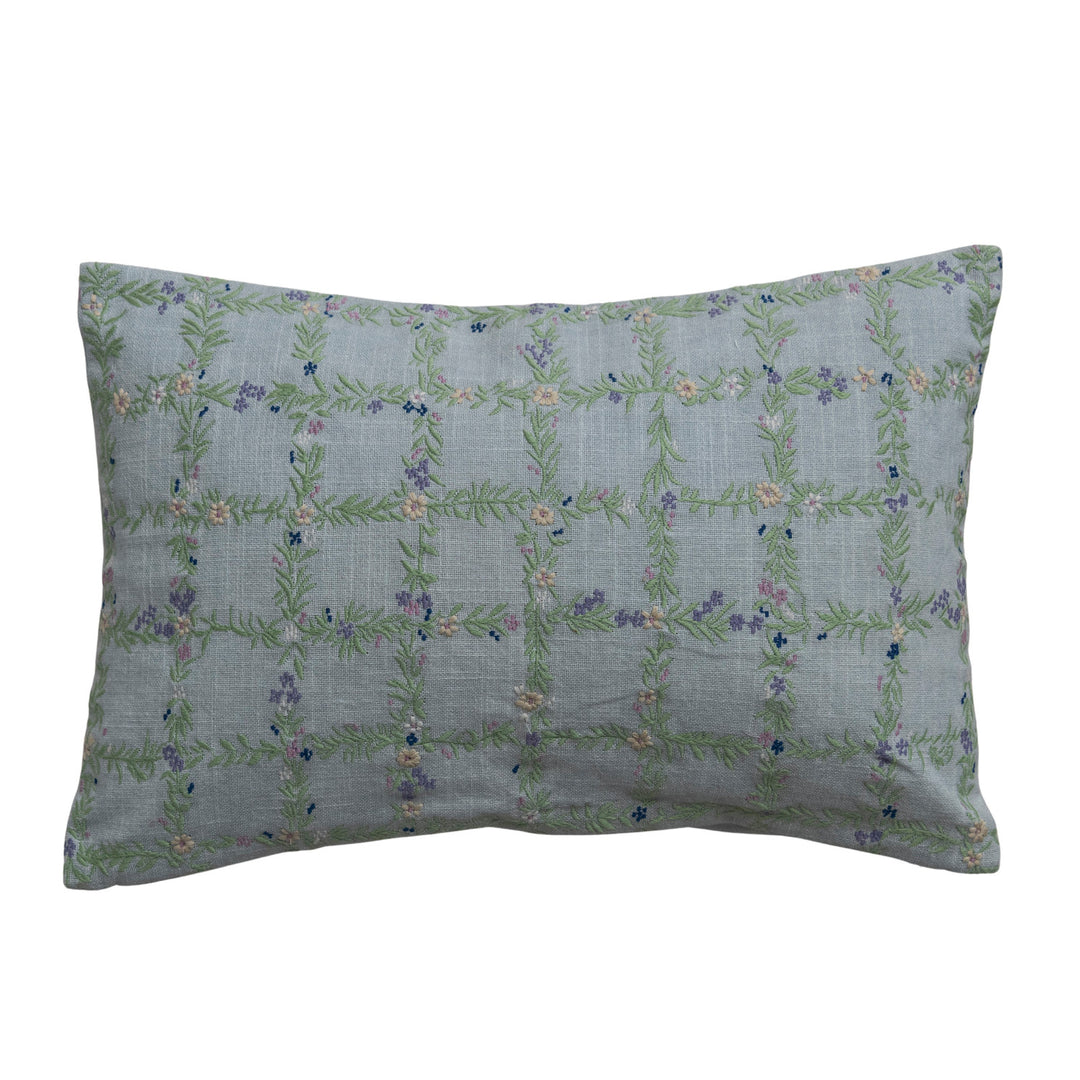 Cotton Slub Lumbar Pillow with Embroidered Floral Grid Pattern
