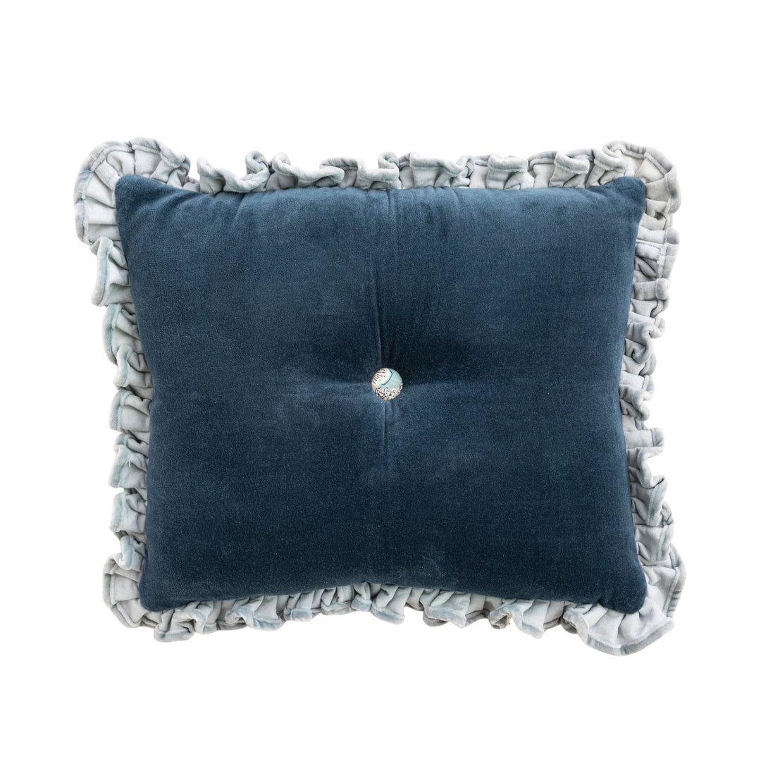 Cotton Velvet Tufted Lumbar Pillow with Ruffle & Patterned Button
