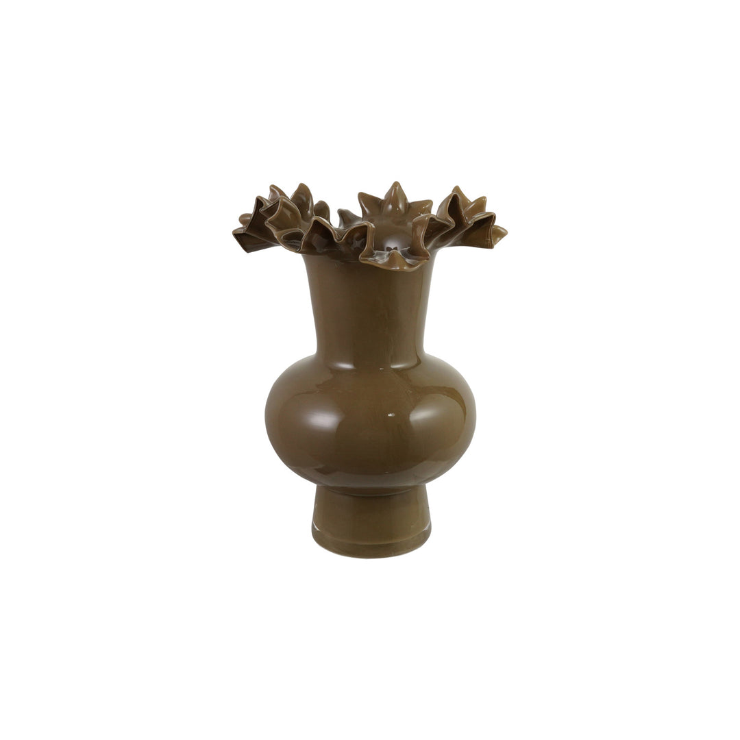 Opaque Glass Footed Ruffled Vase, Olive Color